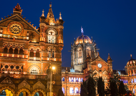 Chatrapati Shivaji Terminus earlier known as Victoria Terminus in Mumbai, India. Ninght panorama の写真素材