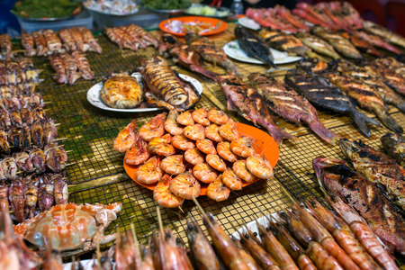 Variety of grilled seafood in the market in Kota Kinabalu, Sarawak, Malaysiaの写真素材