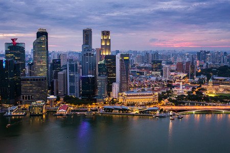 Singapore financial district and Marina bay aerial view at sunsetのeditorial素材