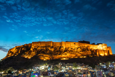 Blue city and Mehrangarh fort on the hill at night in Jodhpur, Rajasthan, Indiaのeditorial素材