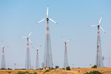 Windmills at Thar desert in Rajasthan, Indiaの写真素材