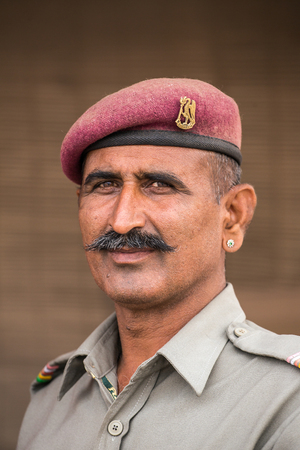 Jodhpur, India - March 7, 2016: Portrait of a unidentified military guard of Mehrangarh Fort in Jodhpur, India.のeditorial素材