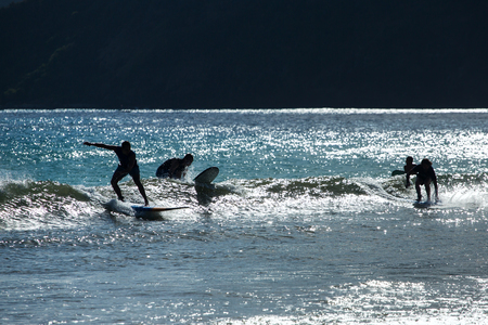 Silhouette of surfers walking in the beach at sunsetの写真素材