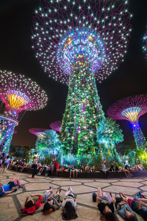 Singapore - June 25, 2016:  People watching light show at Supertree Grove at Gardens by the Bay in Singaporeのeditorial素材