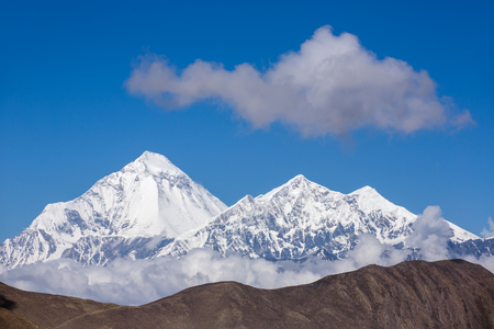 Beautiful snowy mountain landscape, Annapurna Range in Himalayas, Nepal.の写真素材