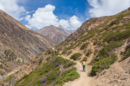 Beautiful mountain landscape on Annapurna circuit trek in Himalayas, Nepalの写真素材