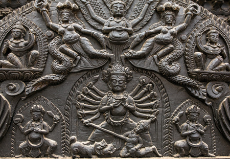 Kathmandu, Nepal - May 22, 2016: Carved statues on the Durbar Square in Kathmandu Nepal. Durbar Square is the main square in Kathmandu.のeditorial素材