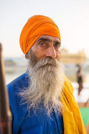 Amritsar, India - March 29, 2016: Portrait of Indian sikh man in turban with bushy beard in Golden temple in Amritsarのeditorial素材
