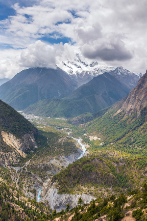 Beautiful mountain landscape on Annapurna circuit trek in Himalayas, Nepalの写真素材