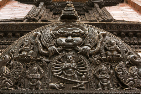 Kathmandu, Nepal - May 22, 2016: Carved statues on the Durbar Square in Kathmandu Nepal. Durbar Square is the main square in Kathmandu.のeditorial素材