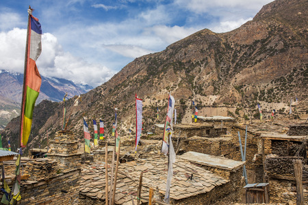 Upper Pisang village on the Annapurna Circuit Trek in the Himalayas, Nepalの写真素材