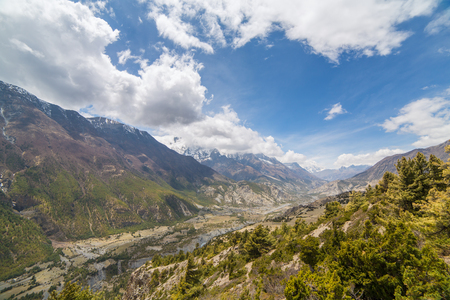 Beautiful mountain landscape on Annapurna circuit trek in Himalayas, Nepalの写真素材
