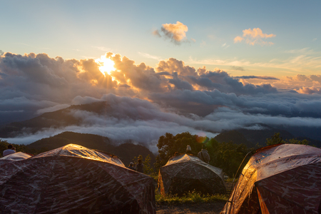 Sunrise at Doi Ang Khang in Chiang Mai, Thailand. View from the campingの写真素材