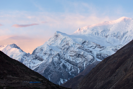 Beautiful sunrise mountain landscape, Annapurna Range in Himalayas, Nepal.の写真素材