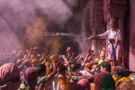 Vrindavan, India. March 22, 2016. Holi celebration in the Hindu Banke Bihare temple in Vrindavan, Uttar Pradesh, India.のeditorial素材