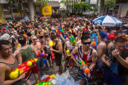 Bangkok, Thailand - April 13, 2014 : The Songkran festival or Thai New Year's festival on Silom street in Bangkok, Thailand.のeditorial素材
