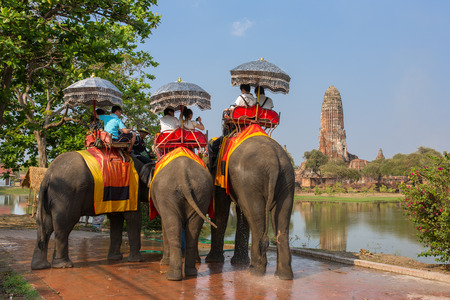 Ayutthaya, Thailand - March 3, 2017: Tourists on the elephants ride tour of the ancient city in Ayutthaya, Thailandのeditorial素材