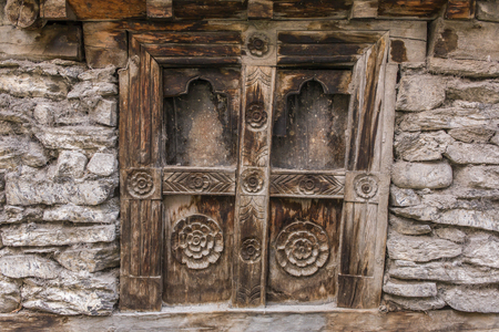 Wooden old vintage window background in Nepalese villageの写真素材