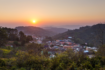 Beautiful sunset over Mae Salong village in Northern Thilandの写真素材