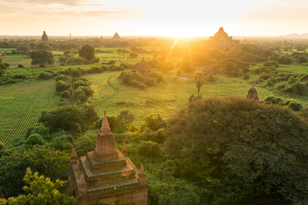 Beautiful sunrise over the ancient pagodas in Bagan, Myanmarの写真素材