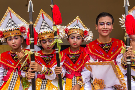 Bali, Indonesia - September 17, 2016: Unidentified balinese young artists preparing for Galungan...