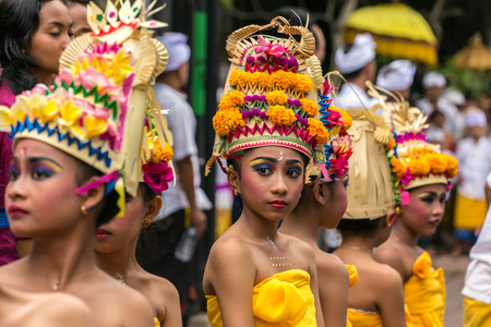 Bali, Indonesia - September 17, 2016: Unidentified balinese young artists preparing for Galungan celebration in Ubud, Bali.のeditorial素材