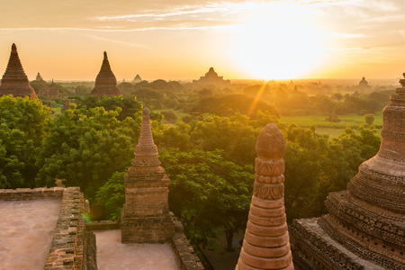 Beautiful sunrise over the ancient pagodas in Bagan, Myanmarの写真素材