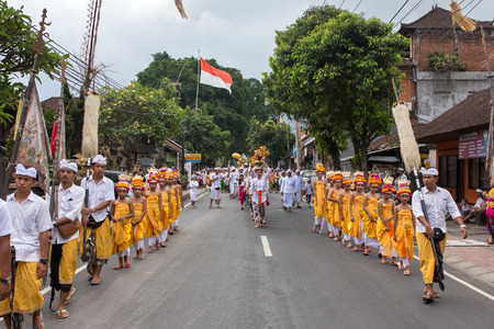 Bali, Indonesia - September 17, 2016: Traditional balinese procession during Galungan celebration in...