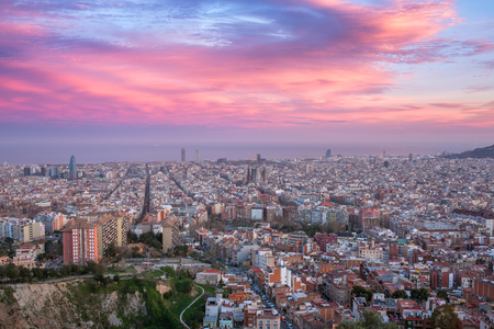 Beautiful panorama view of Barcelona city skyline at sunset time, Spainのeditorial素材