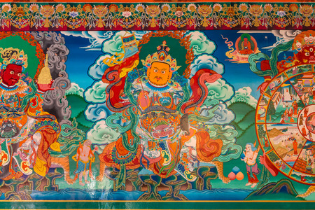 Leh, India - June 26, 2017: Mural paintings in the buddhist Stakna gompa monastery temple in Ladakh, Indiaのeditorial素材