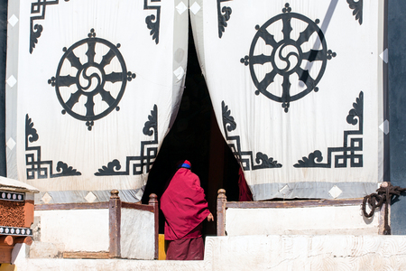 Leh, India - July 4, 2017: Unidentified monks walks in the Hemis gompa. Hemis Monastery is a Tibetan Buddhist monastery (gompa) of the Drukpa Lineage, in Hemis, Ladakh, India.のeditorial素材