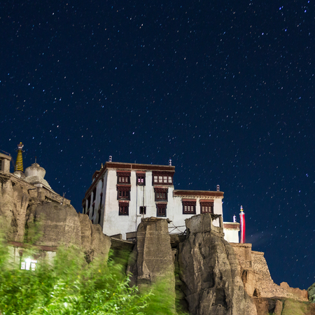 Lamayuru or Yuru Gompa is Tibetan Buddhist monastery at night with stars at background, Ladakh,...