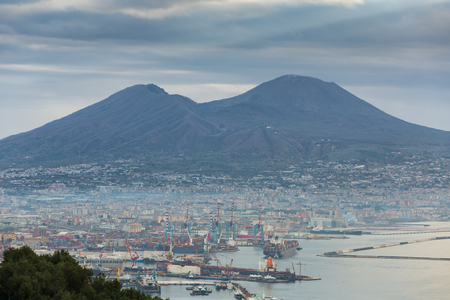 Close up view of the  Mount Vesuvius and port in the Gulf of Naples, the province of Campania, Italy. Cloudy dayのeditorial素材