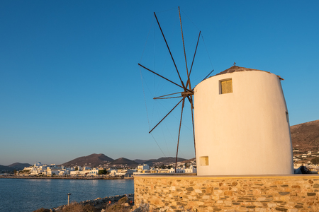 Traditional cycladic windmill at sunset on Paros island, Cyclades, Greeceの写真素材