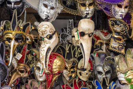Venice, Italy - March 23, 2018: Various venetian masks on sale in Venice, Italyのeditorial素材