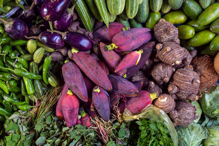 Banana flowers on a stall at the market in Meghalaya state, Northeast Indiaの写真素材