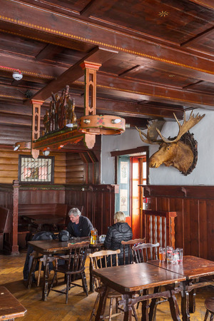 Karpacz, Poland - March 31, 2018: Interior of the touristic shelter (Strzecha Akademicka or Hampelbaude) in Karkonosze mountains in Poland.のeditorial素材