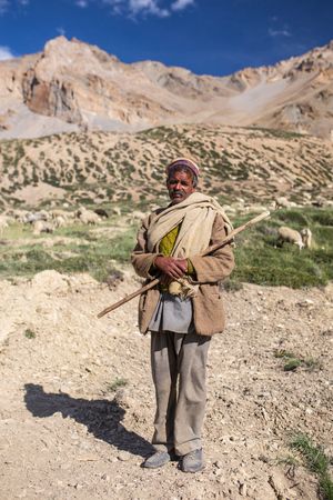 Sarchu, India - July 17, 2017: Portrait of unidentified indian shepherd with his sheeps near Sarchu...