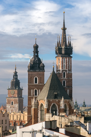 St. Mary's Basilica and Town Hall Tower in Krakow, Poland.の写真素材