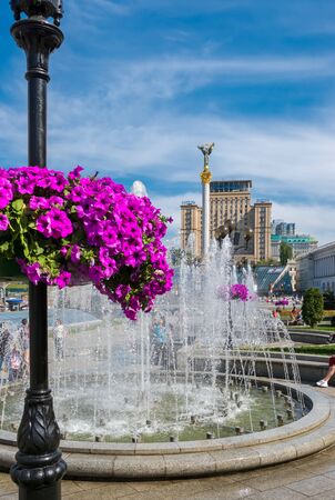 Fountains on Independence Square Maidan Nezalezhnosti at sunny day in Kyiv, capital of Ukraineのeditorial素材