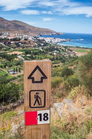 Hiking trail marker near the Chora town on Andros island, Greece.の写真素材