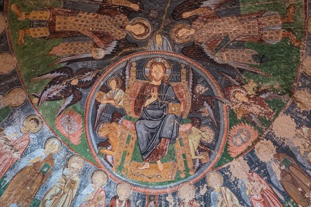 Fresco in abandoned cave church of the Cross Crusader Church at Rose valley in Cappadocia regionの写真素材