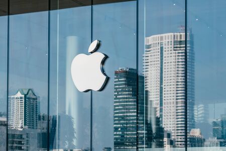 Logo of Apple Inc. on a Apple store in Iconsiam shopping mall in Bangkok, Thailandのeditorial素材
