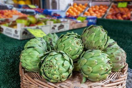 Close up view of green artichokes with selective focusの写真素材