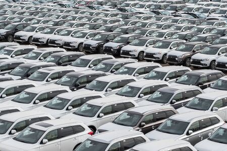 Row of new cars for sale in portのeditorial素材
