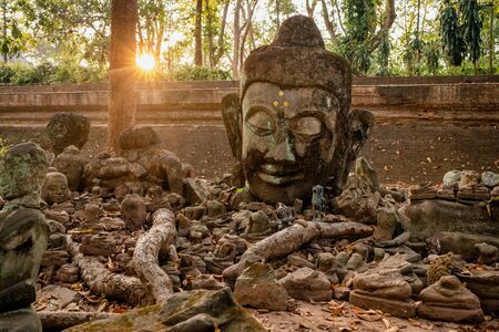 Ancient Buddha statues in Wat Umong temple Chiang Maiの写真素材