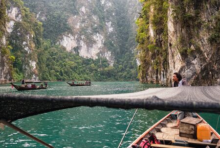 Boat tour on Cheow Lan lake in Khao Sok National Park, Thailandのeditorial素材
