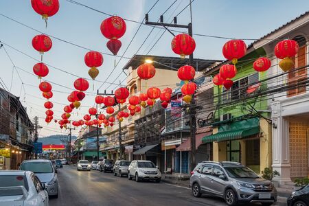 Chinese lanterns decoration on the main road in Ranong, Thailandのeditorial素材