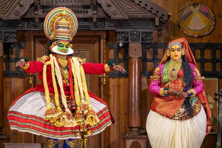 Kathakali performers in the virtuous pachcha green role in Cochin, Kerala, India.のeditorial素材