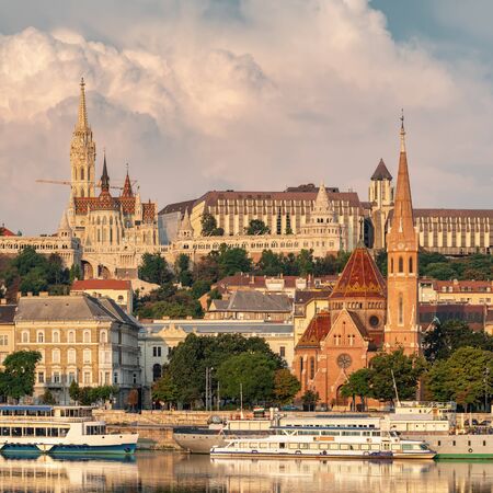 View of Buda side of Budapest at sunsetの写真素材